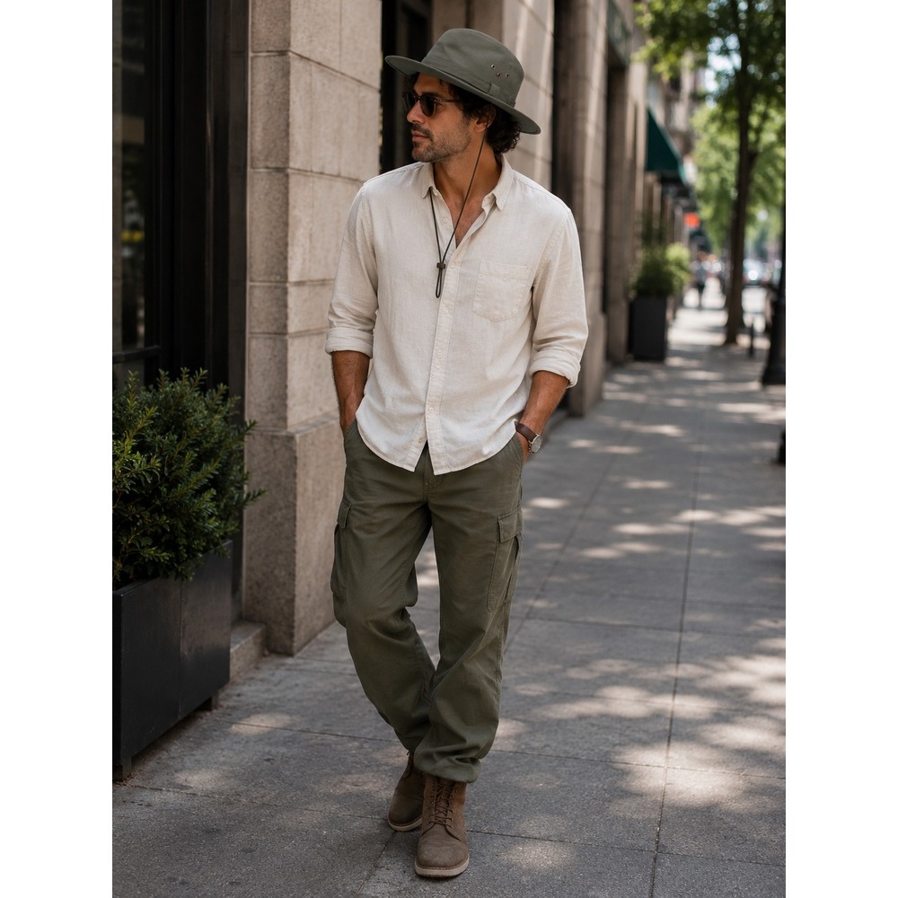 J Hats Mens Olive Green Canvas Safari Fedora Wide‎ Brim Outdoor Sun Hat Mens M